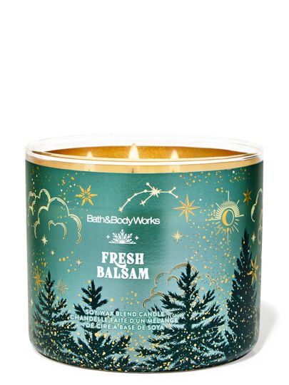 Świeca zapachowa Fresh Balsam Bath & Body Works z motywem iglastych drzew i gwiazd