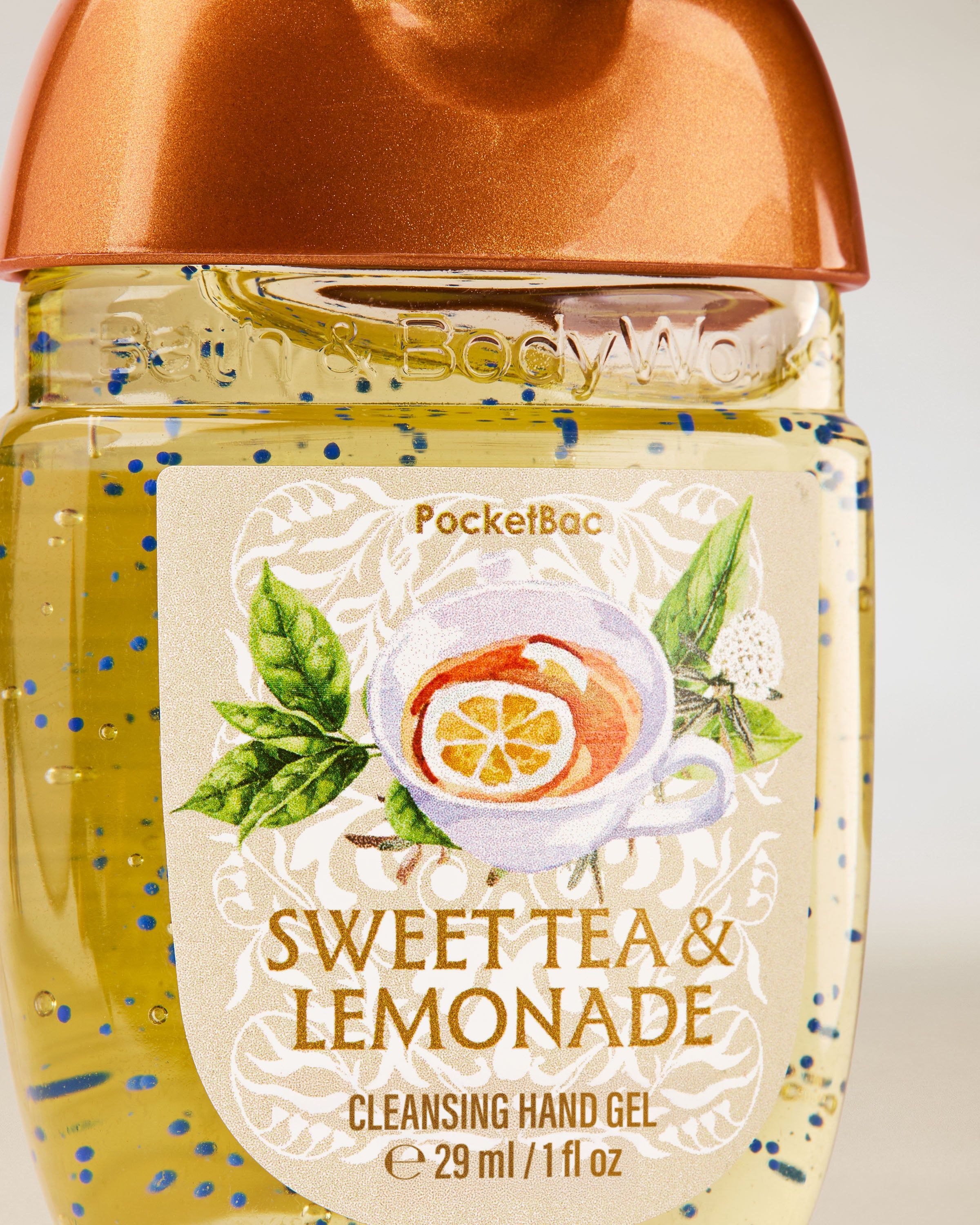 Bath & Body Works Sweet Tea & Lemonade PocketBac – żel do dezynfekcji rąk w żółtej butelce z motywem herbaty i cytryny.