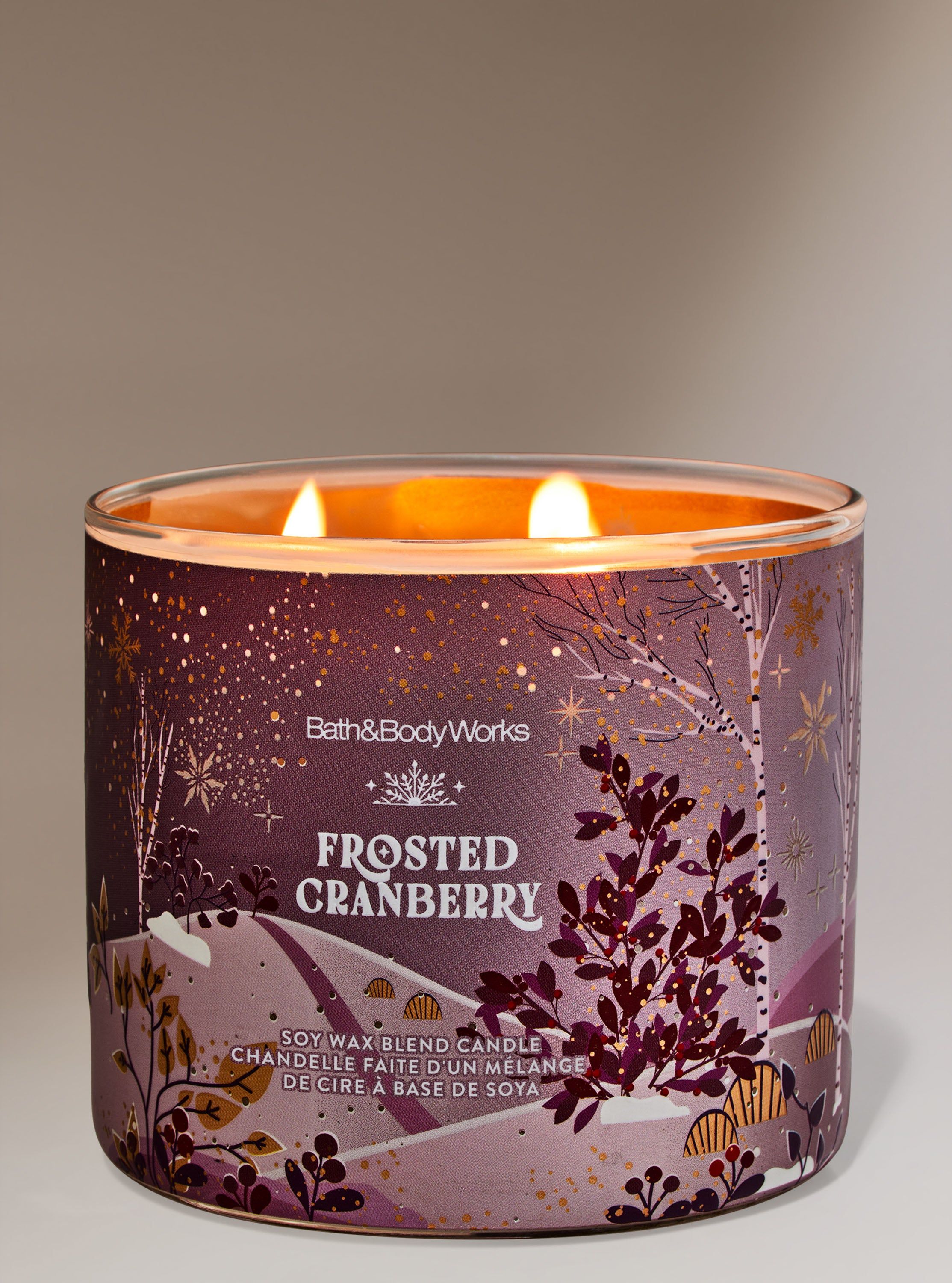 Świeca zapachowa Frosted Cranberry Bath & Body Works z zimowym krajobrazem i motywem żurawiny