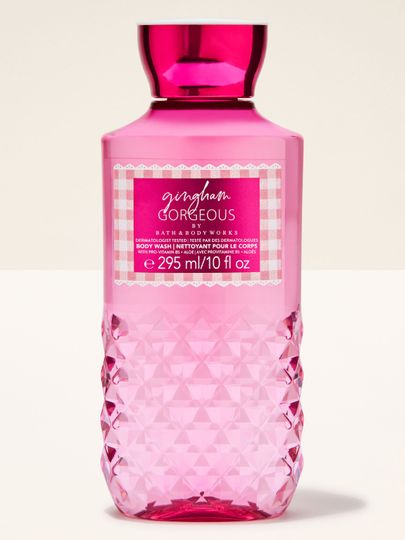 Żel pod prysznic Bath & Body Works Gingham Gorgeous 295 ml w różowej butelce z dekoracyjną fakturą.