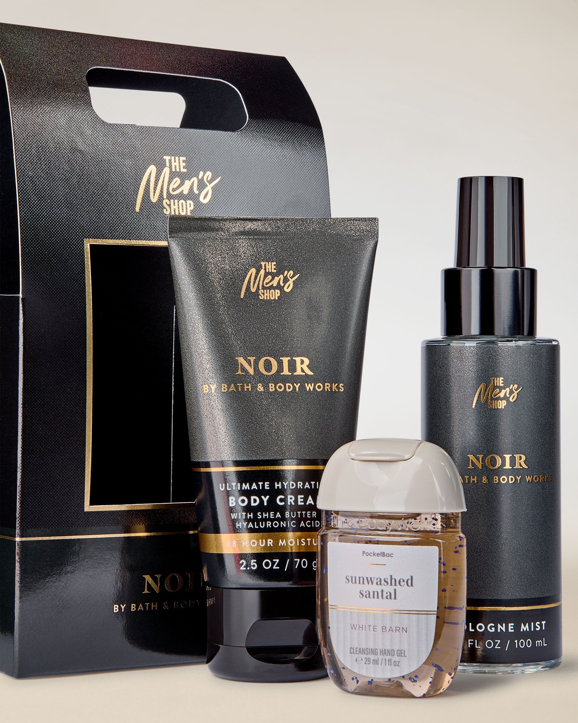 Zestaw The Men’s Shop Noir od Bath & Body Works z kremem do ciała i mgiełką oraz żel antybakteryjny White Barn.