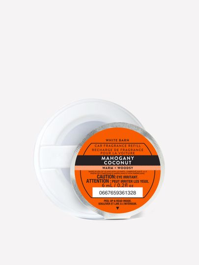 Wkład zapachowy do samochodu Mahogany Coconut Bath & Body Works w okrągłym opakowaniu