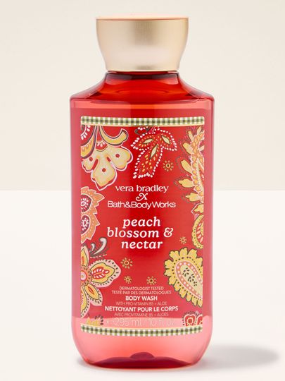 Bath & Body Works Peach Blossom & Nectar – żel do mycia ciała w dekorowanym flakonie z motywem kwiatów i brzoskwiń.