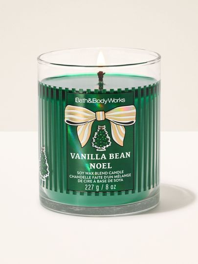 Świeca zapachowa Vanilla Bean Noel Bath & Body Works z jednym płonącym knotem i motywem choinki