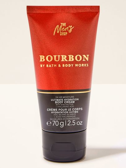 Krem do ciała Bath&Body Works Bourbon. Mała, metaliczna tubka w kolorze bordowym z czarną etykietą i napisami.
