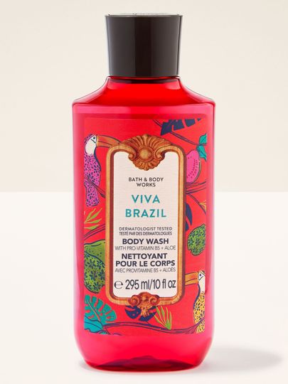 Żel pod prysznic Viva Brazil w czerwonej butelce z czarnym korkiem i kolorową, tropikalną etykietą.