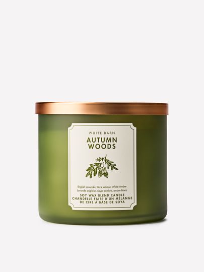 Świeca zapachowa White Barn Autumn Woods z mieszanki wosku sojowego, 3 knoty