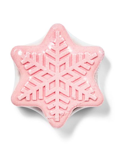 Bilă de baie roz cu sclipici, în formă de fulg de zăpadă, cu model în relief. Bath & Body Works.