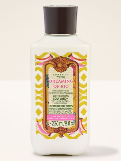 Balsam do ciała Bath & Body Works Dreaming of Rio z kolorową, tropikalną etykietą.