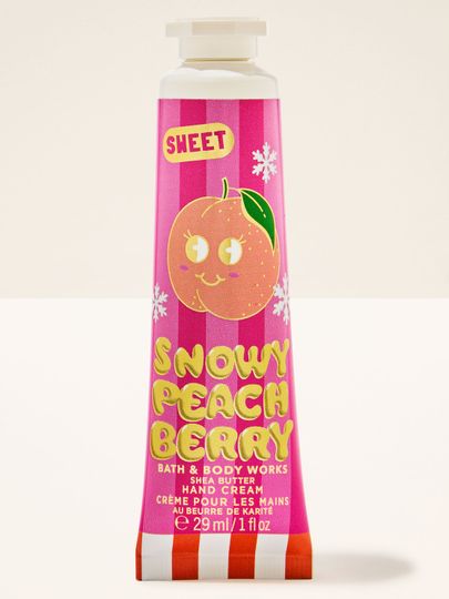 Krem do rąk Snowy Peach Berry Bath & Body Works z motywem brzoskwini i płatków śniegu