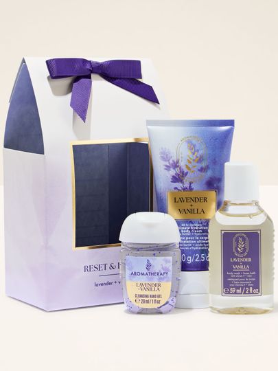 Zestaw Aromatherapy Lavender + Vanilla Bath & Body Works – kojący, lawendowo‑waniliowy komplet do relaksu.