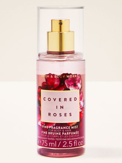 Bath & Body Works Covered in Roses – różowa mgiełka z motywem róż i złotym atomizerem, do ciała i włosów.