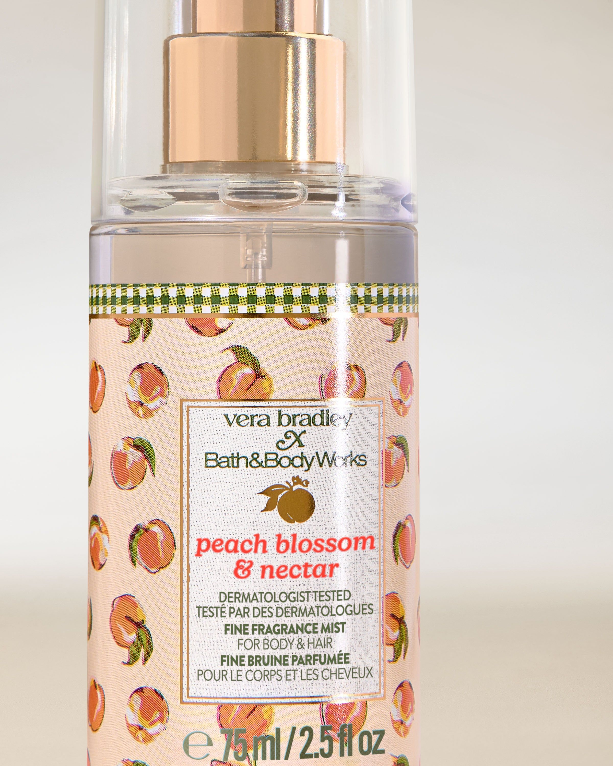 Bath & Body Works Peach Blossom & Nectar – mini mgiełka zapachowa do ciała i włosów w przezroczystym flakonie.
