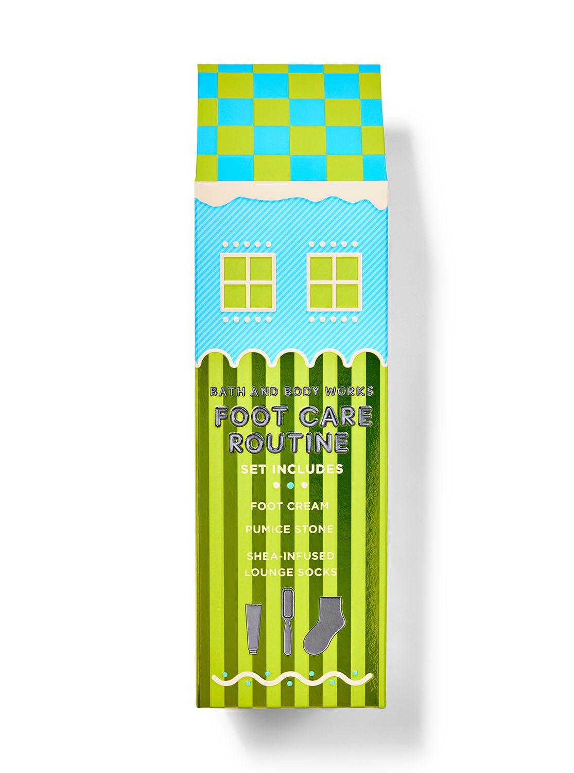 Set pentru îngrijirea picioarelor în ambalaj în formă de căsuță, conține cremă, piatră ponce și șosete, Bath & Body Works.