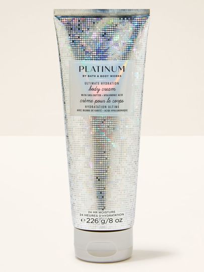 Cremă de corp argintie cu motiv cu sclipici și denumirea "Platinum", Bath & Body Works.