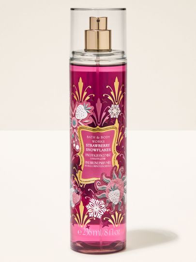 Perfumowana mgiełka do ciała Strawberry Snowflakes Bath & Body Works z motywem truskawek i płatków śniegu