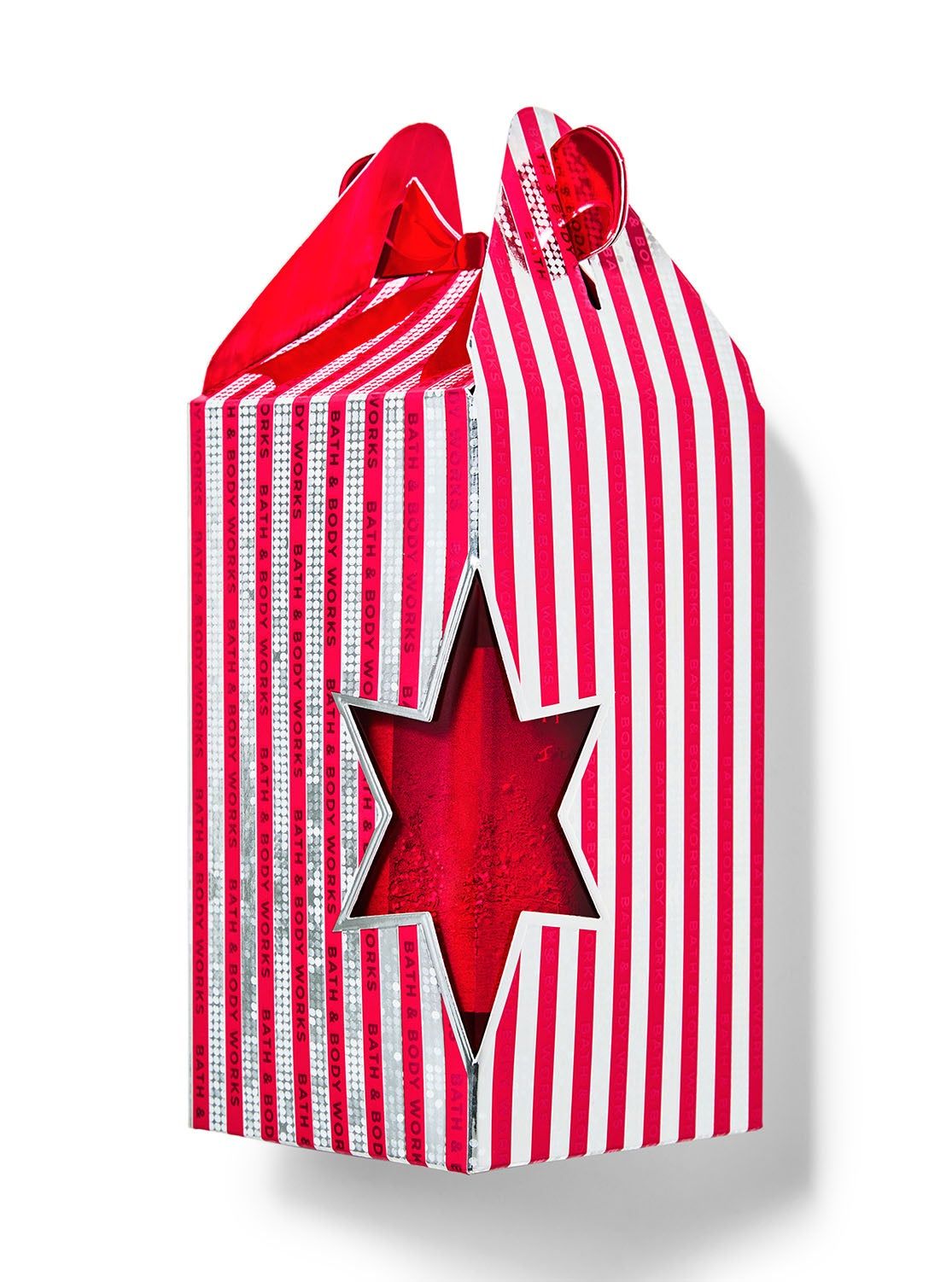 Cutie cadou cu dungi roșii și albe cu decupaj în formă de stea, Bath & Body Works.