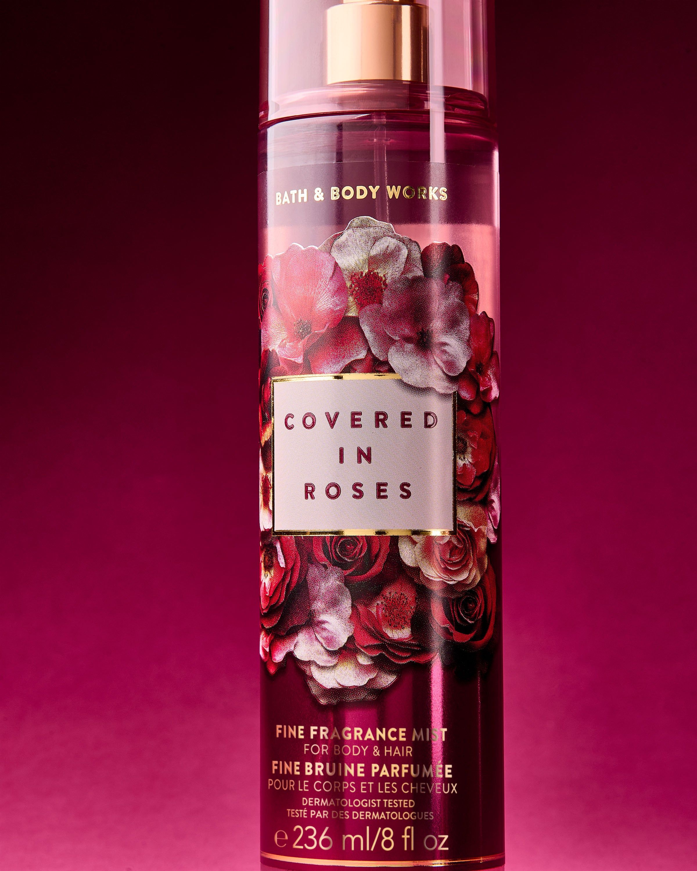 Mgiełka Covered in Roses Bath & Body Works z różaną grafiką i romantycznymi, bursztynowo‑owocowymi nutami.