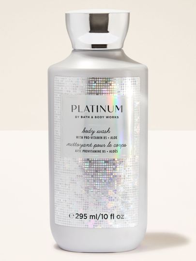Żel pod prysznic Platinum Bath & Body Works w srebrnej butelce z połyskującą etykietą