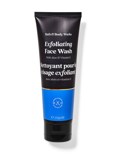 Peelingujący żel do mycia twarzy Bath & Body Works z aloesem i witaminą E w czarno‑niebieskiej tubie.