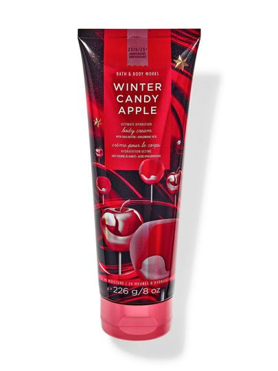 Cremă de corp roșie cu mere roșii glazurate, creată pentru a 25-a aniversare. Bath & Body Works.
