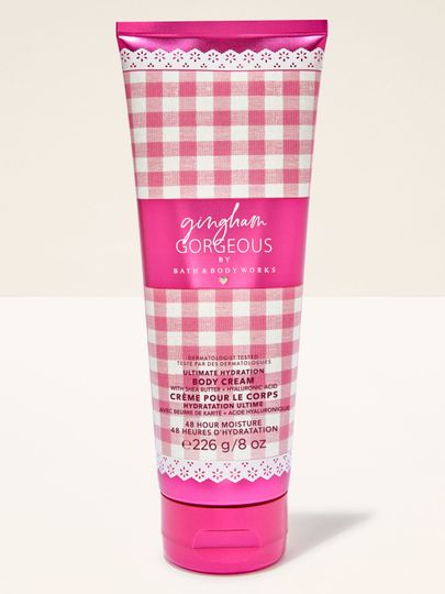 Krem do ciała Bath & Body Works Gingham Gorgeous 226 g w różowej tubie z klasycznym wzorem gingham.