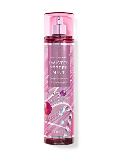 Spray parfumat „Twisted Peppermint” cu sclipici și motiv cu bomboane albe și roșii. Bath & Body Works.