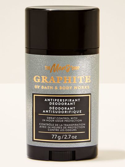 Dezodorant w sztyfcie Bath&Body Works Graphite. Czarny sztyft z błyszczącą, srebrną etykietą z napisami.