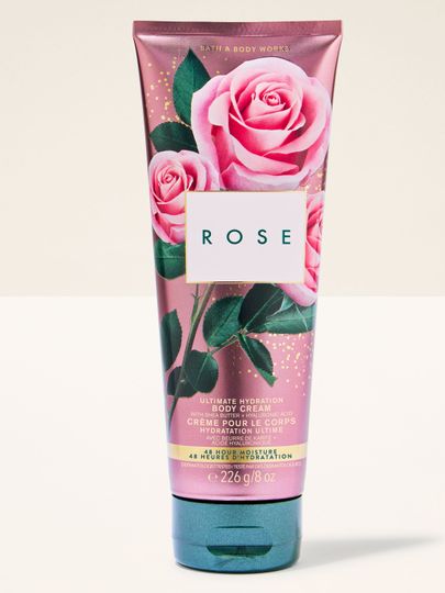 Krem do ciała ROSE Bath & Body Works w różowej, błyszczącej tubie z kwiatową grafiką – klasyczna, świeża elegancja