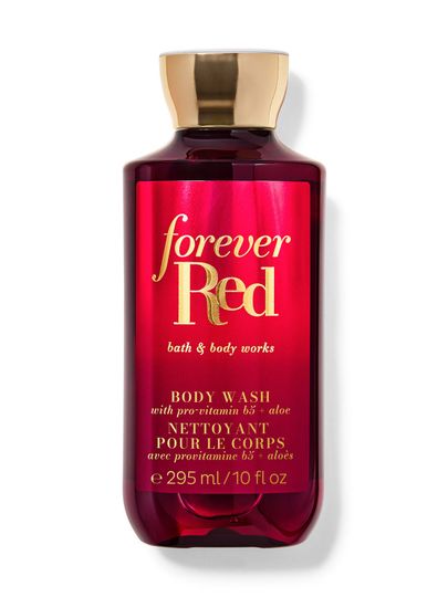 Żel pod prysznic Bath & Body Works Forever Red 295 ml w bordowej butelce ze złotą zakrętką.