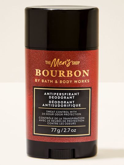 Dezodorant w sztyfcie Bath&Body Works Bourbon. Czarny sztyft z błyszczącą, czerwoną etykietą z napisami.