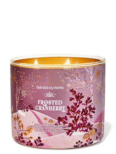 Świeca zapachowa Frosted Cranberry Bath & Body Works z zimowym krajobrazem i motywem żurawiny
