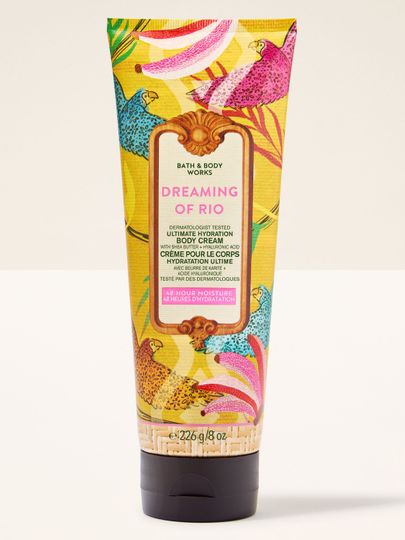 Krem do ciała Bath & Body Works Dreaming of Rio z barwną, tropikalną etykietą.