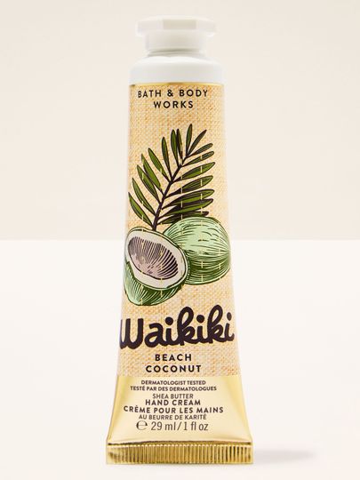 Krem do rąk Waikiki Beach Coconut w żółtej tubie z ilustracją kokosa i tropikalnym motywem.