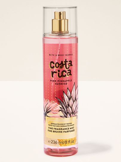 Mgiełka zapachowa Costa Rica Pink Pineapple Sunrise od Bath & Body Works w różowej butelce z atomizerem i tropikalną grafiką.