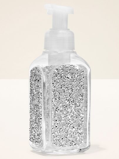 Błyszczący uchwyt Bath & Body Works do mydła w płynie w srebrnym brokacie – elegancki dodatek do łazienki