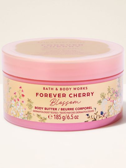 Masło do ciała Bath & Body Works Forever Cherry Blossom 185 g w różowym słoiku z kwiatowym motywem.