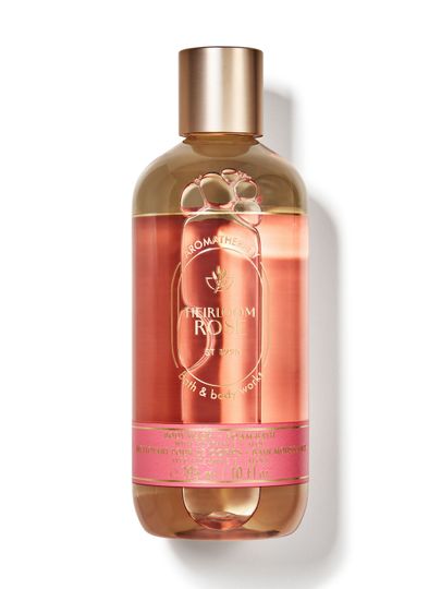 Płyn do kąpieli i żel pod prysznic Bath & Body Works Aromatherapy "Heirloom Rose" w butelce z różowym płynem.