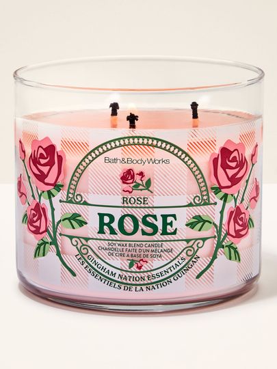 Rose – różowa świeca Bath & Body Works z kolekcji Gingham, ozdobiona różami i różowym szkłem