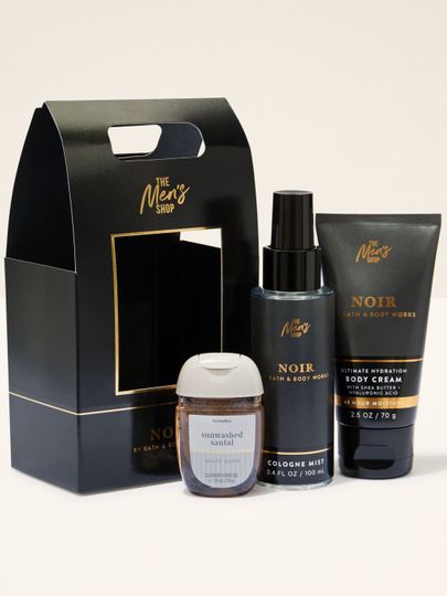 Zestaw The Men’s Shop Noir od Bath & Body Works z kremem do ciała i mgiełką oraz żel antybakteryjny White Barn.