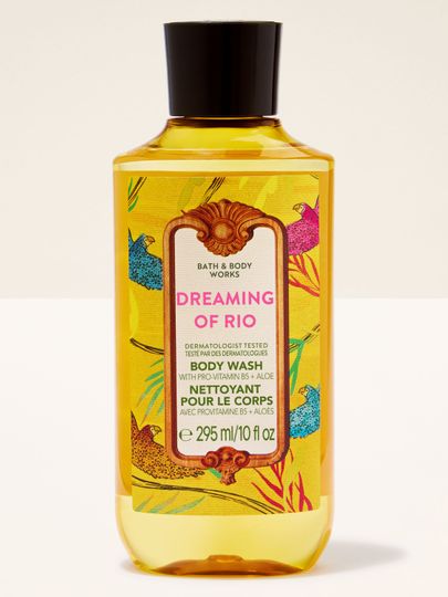 Żel pod prysznic Bath & Body Works Dreaming of Rio z barwną, tropikalną etykietą.