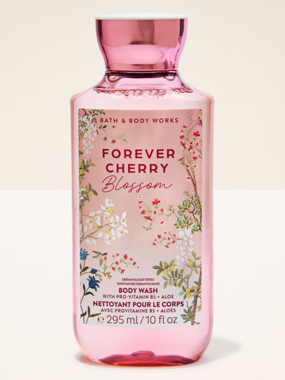 Żel pod prysznic Bath & Body Works Forever Cherry Blossom 295 ml w różowej butelce z kwiatową etykietą.