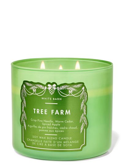 Świeca zapachowa Tree Farm White Barn z 3 knotami w matowym zielonym szklanym słoju