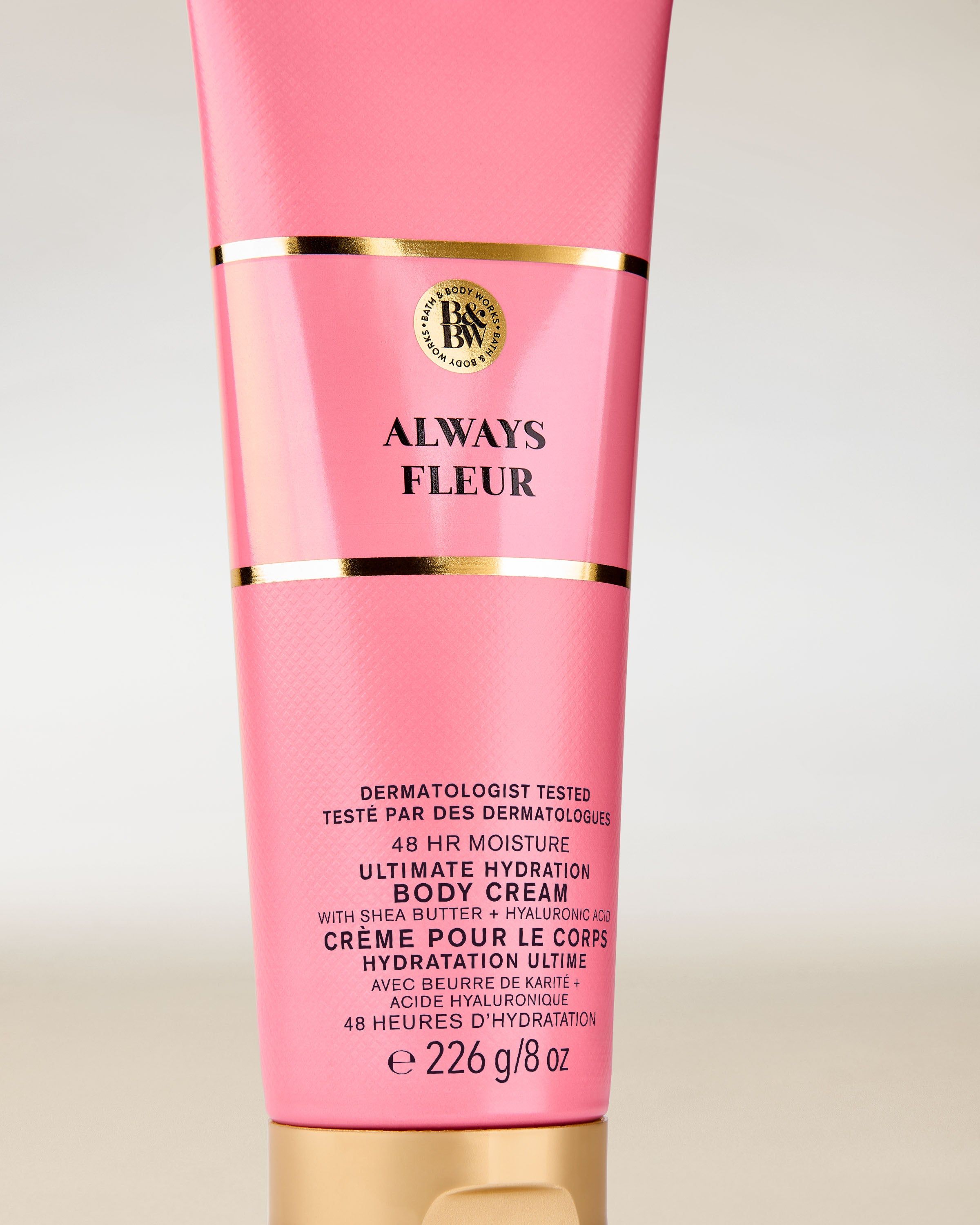 Krem do ciała Always Fleur Bath & Body Works w różowej tubie ze złotymi detalami – intensywne nawilżenie.