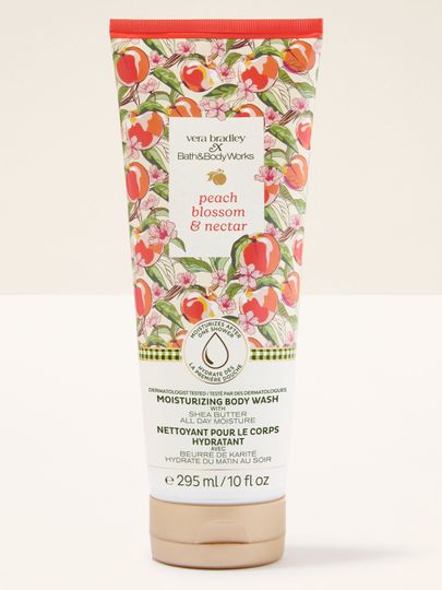 Bath & Body Works Peach Blossom & Nectar – nawilżający żel do mycia ciała w tubie z brzoskwiniowo‑kwiatowym wzorem.