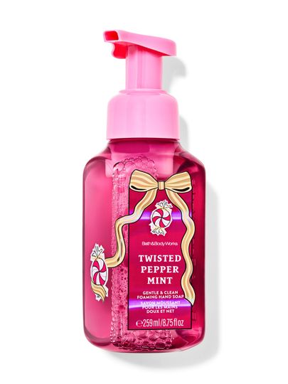 Mydło w piance Twisted Peppermint Bath & Body Works z motywem miętowego cukierka i złotej kokardy