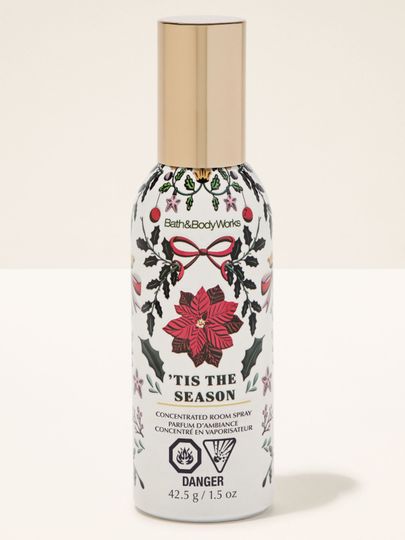 Perfumowany spray do pomieszczeń ’Tis the Season Bath & Body Works z motywem ostrokrzewu i poinsecji