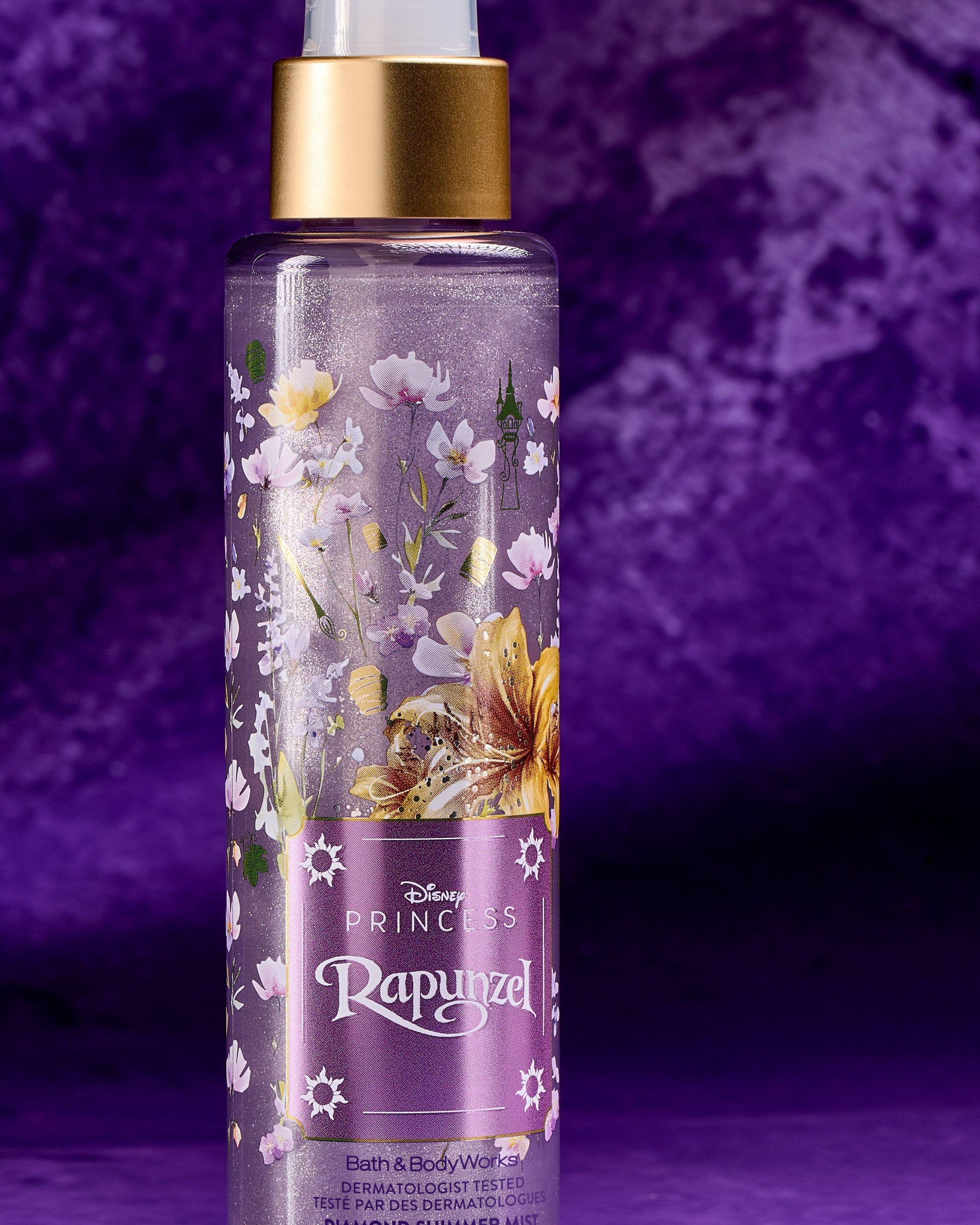Mgiełka Diamond z kolekcji Disney Princess Rapunzel od Bath & Body Works w fioletowym, połyskującym flakonie.