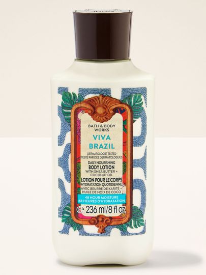 Lotion do ciała Viva Brazil w kremowej butelce z ciemną nakrętką i ozdobną etykietą w tropikalnym stylu.