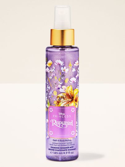 Mgiełka Diamond z kolekcji Disney Princess Rapunzel od Bath & Body Works w fioletowym, połyskującym flakonie.